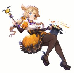  1girl ahoge animal_ears artist_request bat_wings black_bow black_hat black_pantyhose black_ribbon black_shoes black_skirt black_sleeves black_trim blonde_hair blouse blue_eyes blue_gemstone bow bow_skirt breasts candy commentary_request detached_sleeves english_commentary food footwear_bow frilled_shirt frills full_body gem hair_ribbon halloween halloween_costume hat heart-shaped_gem high-waist_skirt highres holding holding_unworn_clothes holding_unworn_hat holding_wand king&#039;s_raid korean_commentary layered_skirt layered_sleeves long_hair long_sleeves magic mary_janes medium_breasts miniskirt mixed-language_commentary official_alternate_costume official_art orange_bow orange_ribbon orange_skirt orange_sleeves pantyhose petticoat puffy_short_sleeves puffy_sleeves pumpkin_ornament purple_bow purple_trim ribbon ribbon-trimmed_skirt ribbon_trim rodina_(king&#039;s_raid) second-party_source shirt shoes short_sleeves simple_background skirt smile solo striped_clothes striped_skirt top_hat twintails unworn_hat unworn_headwear vertical-striped_clothes vertical-striped_skirt wand white_background white_shirt winged_shoes wings yellow_gemstone 