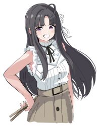  1girl :3 ahoge awa_subaru black_hair blush clenched_teeth commentary_request doroame_(ameyu) drumsticks girls_band_cry hair_ribbon highres holding holding_drumsticks long_hair looking_at_viewer open_mouth parted_bangs revision ribbon shirt simple_background sleeveless sleeveless_shirt solo teeth violet_eyes white_background white_ribbon white_shirt 