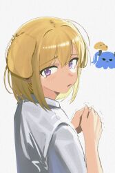  1girl absurdres animal_ears animalization bang_dream! bang_dream!_it&#039;s_mygo!!!!! blonde_hair chinese_commentary commentary_request dog_ears dog_girl haidao_mao highres kemonomimi_mode looking_at_viewer medium_hair misumi_uika octopus shirt short_sleeves solo tearing_up togawa_sakiko trembling violet_eyes white_shirt 