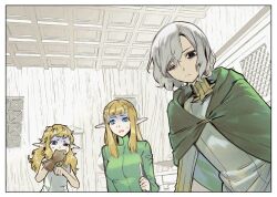  1boy 2girls bags_under_eyes black_eyes blonde_hair blue_eyes cloak dungeon_meshi elf fleki gapamopa gloves gorget green_cloak green_shirt grey_hair hood hooded_cloak indoors lazy_eye long_hair long_sleeves looking_at_viewer mithrun multiple_girls notched_ear open_mouth pattadol pointy_ears shirt short_hair single_glove sweatdrop tunic turn_pale uneven_eyes violet_eyes wavy_hair window 