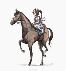  1girl absurdres animal_ears ascot asymmetrical_gloves blue_eyes boots bow bridle brown_hair buttons cape creature_and_personification double-breasted ear_ornament ear_ribbon epaulettes gloves hair_between_eyes high_ponytail highres holding holding_reins horse horse_ears horse_girl horse_tail horseback_riding jacket long_hair long_sleeves mada_fadaz mismatched_gloves multicolored_hair multicolored_jacket open_mouth personification pink_ascot ponytail real_life red_cape reins riding saddle shirt simple_background single_epaulette skirt smile streaked_hair tail teeth thighs tokai_teio_(peak_joy)_(umamusume) tokai_teio_(racehorse) tokai_teio_(umamusume) two-tone_hair two-tone_jacket two-tone_skirt umamusume upper_teeth_only white_background white_boots white_gloves white_hair white_jacket white_skirt 