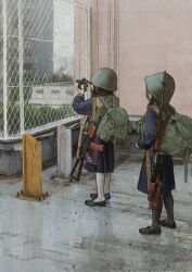  2girls absurdres aks-74u assault_rifle backpack bag black_hair building chain-link_fence chest_rig combat_helmet dragunov_svd fence full_body garoppui gun helmet highres kalashnikov_rifle loafers long_hair long_sleeves looking_through_scope multiple_girls outdoors pantyhose rifle school_uniform scope serafuku shoes skirt sniper_rifle standing tactical_school_uniform weapon 