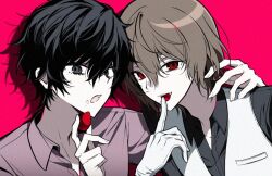  2boys akechi_gorou amamiya_ren black_eyes black_hair black_shirt brown_hair cherry commentary_request dress_shirt fingernails food food_in_mouth fruit gloves gulraw hair_between_eyes hand_on_another&#039;s_shoulder hand_up holding holding_food holding_fruit korean_commentary looking_at_viewer male_focus multiple_boys no_eyewear open_mouth persona persona_5 pink_background portrait purple_shirt red_eyes shadow shirt short_hair simple_background strawberry teeth upper_teeth_only vest white_gloves white_vest 
