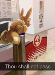 among_us artist_name brown_eyes brown_fur crewmate_(among_us) eevee english_text fare_gate hallway indoors monitor no_humans photo-referenced poke_ball_symbol pokemon pokemon_(creature) pokemon_focus poster_(object) sifyro tail tail_wagging 