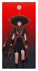  1boy arm_armor artist_name belt black_background black_shirt black_shorts black_socks black_veil black_vest blunt_ends border brown_background chinikuniku closed_mouth commentary_request cowboy_shot fingernails full_moon genshin_impact gold gradient_background hat highres holding holding_sword holding_weapon jewelry jingasa katana long_fingernails looking_at_viewer looking_down male_focus mandarin_collar mitsudomoe_(shape) moon necklace open_clothes open_vest parted_bangs purple_belt purple_hair red_background red_hat scaramouche_(genshin_impact) shirt short_hair short_sleeves shorts socks solo standing sword tassel tomoe_(symbol) two-tone_background veil vest violet_eyes watermark weapon white_border 