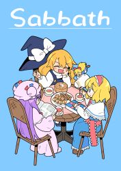  3girls ^_^ alice_margatroid black_hat black_tea black_vest blonde_hair blue_background blue_dress blush book bow capelet chair closed_eyes commentary cookie cover cover_page cup doujin_cover dress english_text food grimoire_of_alice hand_on_own_cheek hand_on_own_face hat hat_bow highres holding holding_book holding_teapot kirisame_marisa looking_at_another mini-hakkero moyazou_(kitaguni_moyashi_seizoujo) multiple_girls on_chair patchouli_knowledge pink_dress pouring purple_hair round_table shirt simple_background sitting smile table tea teacup teapot touhou unworn_hat unworn_headwear vest white_bow white_capelet white_shirt witch_hat wooden_table |_| 