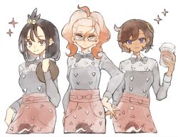  3girls :3 ahoge apron black_bow black_bowtie black_hair blonde_hair bow bowtie chamopichamo colored_tips cosplay cup dark-skinned_female dark_skin disposable_coffee_cup disposable_cup emma_(pokemon) gradient_hair griselle_(pokemon) griselle_(pokemon)_(cosplay) hand_on_own_hip hand_up highres holding holding_tray lida_(pokemon) long_hair multicolored_hair multiple_girls orange_hair pokemon pokemon_legends:_z-a print_apron red_apron short_hair smile topknot tray two-tone_hair violet_eyes waist_apron white-framed_eyewear wispy_bangs 