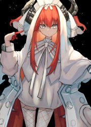  1girl black_background colored_extremities commentary_request cowboy_shot dragon_girl dragon_horns dress elizabeth_bathory_(avenger)_(fate) expressionless fate/grand_order fate_(series) fishnets fishnets_over_socks grey_eyes hair_between_eyes highres horns long_hair long_sleeves looking_at_viewer pointing pointing_at_self red_hair roy_(roy_pomu) simple_background solo two_side_up veil white_dress white_headdress white_veil 