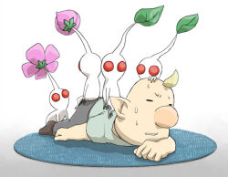  1boy alternate_costume aqua_shirt big_nose black_socks blonde_hair bud casual clenched_teeth closed_eyes colored_skin commentary_request creature_on_back flower full_body gradient_background grey_background grey_pants leaf louie_(pikmin) lying naru_(wish_field) nervous_sweating on_rug on_stomach pants pikmin_(creature) pikmin_(series) pink_flower pointy_ears red_eyes rug shirt short_hair short_sleeves socks solid_circle_eyes sweat t-shirt teeth two-tone_background very_short_hair white_background white_pikmin white_skin 