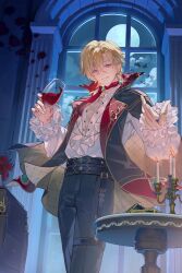  1boy absurdres alcohol arms_up aventurine_(honkai:_star_rail) beckoning black_coat black_pants blonde_hair candlestand clouds cloudy_sky coat commentary cross-laced_clothes cross-laced_top cup drinking_glass earrings english_commentary feet_out_of_frame flower frilled_shirt frilled_sleeves frills full_moon highres holding holding_cup honkai:_star_rail honkai_(series) indoors jewelry kanangnsn male_focus moon mystical_high_collar necklace pants parted_hair piercing pink_eyes pointy_ears red_flower shirt shirt_tucked_in single_earring sky smile solo sparkle standing table teeth two-sided_coat two-sided_fabric vampire white_shirt wine wine_glass 