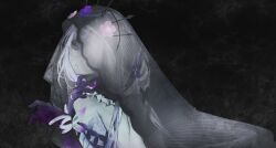  1girl absurdres bare_shoulders bdsm bondage bound bow bug butterfly castorice_(honkai:_star_rail) crown dark_background flower hair_flower hair_ornament highres honkai:_star_rail honkai_(series) long_hair poursuu purple_hands veil white_bow white_hair 