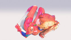  1girl absurdres blue_eyes bodysuit breasts from_above full_body gradient_background hair_ornament hairpods highres interface_headset_(evangelion) long_hair looking_at_viewer mecha_pilot_suit medium_breasts multicolored_bodysuit neon_genesis_evangelion open_mouth orange_hair plugsuit_(evangelion) rasputin_(syr_syr_ss) red_bodysuit simple_background sitting skin_tight smile solo souryuu_asuka_langley 
