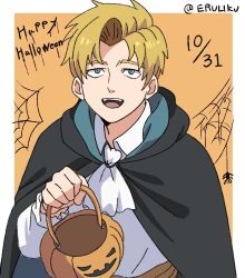  1boy ascot black_cloak blonde_hair blue_eyes border bug chi.:_chikyuu_no_undou_ni_tsuite cloak collared_shirt dated eruliku halloween_bucket halloween_costume happy_halloween looking_at_viewer male_focus open_mouth orange_background parted_bangs rafal_(chi.) shirt short_hair silk solo spider spider_web twitter_username upper_body white_ascot white_border white_shirt 