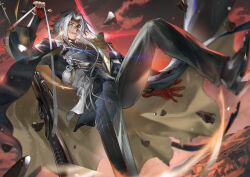  1boy beard_stubble black_cape black_gloves black_pants black_shoes brown_cape cape character_request copyright_request facial_hair fingerless_gloves gloves goatee grey_jacket gun highres holding holding_weapon jacket leg_up looking_at_viewer medium_hair pants parted_bangs red_gloves red_sky redsakaone rifle scar scar_on_face scar_on_nose shoes sky smile solo striped_clothes striped_pants stubble two-tone_cape two-tone_gloves weapon white_hair yellow_eyes 