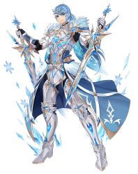  1boy armor armored_boots artist_request blue_cape blue_eyes blue_hair blue_skirt blue_trim boots breastplate cape commentary_request dual_wielding english_commentary floating_clothes fluss_(king&#039;s_raid) full_body fur_trim gauntlets holding holding_sword holding_weapon ice king&#039;s_raid korean_commentary leg_armor long_hair mixed-language_commentary official_alternate_costume official_art second-party_source shoulder_armor showgirl_skirt skirt snowflakes solo sword weapon white_armor 