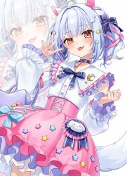  1boy animal_ears bag black_ribbon blue_hair bow brown_eyes choker crossdressing crossdressing_(mtf) dog_tail fake_animal_ears hair_bow hair_ornament hair_ribbon highres inuyama_tamaki long_sleeves looking_at_viewer male_focus nail_polish noripro pink_skirt puffy_long_sleeves puffy_sleeves ribbon saika_usagi shirt simple_background skirt solo star_(symbol) star_hair_ornament tail tongue tongue_out trap twintails unicorn_horn virtual_youtuber wavy_hair white_background white_shirt wing_hair_ornament zoom_layer 