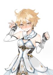  1boy aether_(genshin_impact) ahoge arm_armor bare_shoulders black_gloves blonde_hair blush braid clenched_hand closed_mouth commentary_request cosplay cowboy_shot crossdressing crossdressing_(mtf) detached_sleeves dress earrings embarrassed fingernails genshin_impact gloves gold_trim hair_between_eyes hands_up highres jewelry long_hair long_sleeves looking_afar lumine_(genshin_impact) lumine_(genshin_impact)_(cosplay) male_focus nihon_no_hentai partially_fingerless_gloves simple_background single_braid single_earring sleeveless sleeveless_dress solo standing star_(symbol) white_background white_dress white_sleeves yellow_eyes 