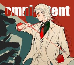  black_shirt collarbone cowboy_shot hair_slicked_back hand_in_pocket highres jacket light_smile male_focus naiann49374 necktie orange-tinted_eyewear outstretched_hand pants parted_lips red_necktie shirt short_hair suit suit_jacket sunglasses tinted_eyewear to_be_hero to_be_hero_x vest waistcoat white_hair white_jacket white_pants white_suit white_vest x_(to_be_hero_x) x_ornament 