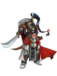  1girl armor black_hair boots cape emirh92 hair_ornament highres holding holding_sword holding_weapon jaghatai_khan lightning_bolt_symbol lipstick long_hair makeup pauldrons ponytail power_armor shoulder_armor simple_background sword warhammer_40k weapon white_background white_scars 