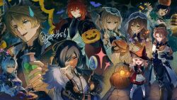  4girls 5boys albedo_(genshin_impact) animal_ears basket beer_mug black_cape black_gloves black_necktie blonde_hair blue_eyes blue_hair breasts brown_hair cape cat_ears cat_girl closed_mouth cup diluc_(genshin_impact) dress eula_(genshin_impact) eyepatch fingerless_gloves fox_boy fox_ears fur_trim gloves hat holding holding_basket holding_cup holding_jar jack-o&#039;-lantern jar jean_(genshin_impact) kaeya_(genshin_impact) klee_(blossoming_starlight)_(genshin_impact) klee_(genshin_impact) lisa_(genshin_impact) long_hair mug multicolored_hair multiple_boys multiple_girls necktie one_eye_closed open_mouth red_cape red_eyes red_hair red_hat short_hair streaked_hair suitchi_(gn4othi61) varka_(genshin_impact) venti_(genshin_impact) witch_hat 