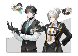  1boy 1girl 625light absurdres alternate_costume alternate_hairstyle aqua_necktie black_gloves black_hair black_jacket black_pants black_skirt black_vest blonde_hair breasts candy chest_harness chibi chibi_inset closed_mouth collared_shirt colored_inner_hair cowboy_shot dan_heng_(honkai:_star_rail) facing_viewer food gloves green_eyes grey_hair hair_bun hair_ornament hair_up hairpin hand_on_own_hip harness hashtag-only_commentary hetero highres honkai:_star_rail honkai_(series) id_card jacket lollipop lollipop_in_mouth long_sleeves looking_at_another looking_at_watch medium_breasts mouth_hold multicolored_hair necktie pants shirt simple_background skirt speech_bubble stelle_(honkai:_star_rail) thought_bubble trailblazer_(honkai:_star_rail) twitter_username two-tone_background vest watch watch white_shirt yellow_eyes yellow_necktie 