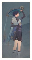  1boy arm_armor arm_up artist_name belt black_belt black_bow black_shirt black_shorts black_socks blue_gemstone blue_hat blue_vest blunt_ends border bow character_name chinikuniku clouds cloudy_sky collarbone commentary_request cowboy_shot feet_out_of_frame fingernails flipped_hair from_side gem genshin_impact gold gradient_sky grey_sky grey_vest hand_on_headwear hands_up hat highres jewelry jingasa leaf leg_warmers looking_to_the_side male_focus mandarin_collar necklace official_alternate_costume open_clothes open_vest outdoors parted_bangs pom_pom_(clothes) profile purple_belt purple_hair rain ring rock scaramouche_(genshin_impact) shirt short_hair short_sleeves shorts sky sleeveless sleeveless_shirt socks solo standing tassel tree two-tone_vest vest violet_eyes vision_(genshin_impact) wanderer_(genshin_impact) watermark white_border wolf_cut 