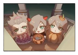  3boys :3 :o aged_down alternate_costume black_border border bow bucket cairenai123 chibi commentary crossdressing crossdressing_(mtf) crying demon_horns doorway dress dress_bow fake_horns fang final_fantasy final_fantasy_vii final_fantasy_vii_advent_children frilled_dress frills from_above frown furrowed_brow green_eyes grey_hair hair_slicked_back halloween halloween_bucket halloween_costume headband holding holding_bucket horns inset_border jack-o&#039;-lantern kadaj looking_at_viewer looking_up loz male_focus multiple_boys night open_mouth outdoors pink_bow porch pov pov_doorway pumpkin_costume purple_dress purple_headband slit_pupils smile standing symbol-only_commentary tears wooden_porch yazoo 