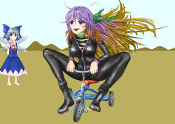  2girls barefoot biker_clothes bikesuit black_boots blonde_hair blue_bow blue_hair blue_skirt blue_vest blush_stickers bodysuit boots bow candy cirno food gradient_hair green_scarf hair_bow hijiri_byakuren holding holding_candy holding_food holding_lollipop ice ice_wings kams lollipop multicolored_hair multiple_girls open_mouth purple_hair red_ribbon ribbon riding_tricycle scarf shirt short_sleeves simple_background skirt touhou vest violet_eyes white_shirt wings 