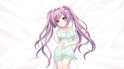  1girl blush breasts closed_mouth cowboy_shot dot_nose film_grain frilled_pajamas frills from_above game_cg green_eyes green_pajamas hair_intakes hand_on_own_stomach hand_up izumi_tsubasu long_hair looking_at_viewer lying misaki_sango non-web_source official_art on_back pajamas purple_hair re:stage! small_breasts smile solo twintails very_long_hair 