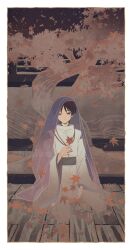  1boy artist_name autumn_leaves barefoot belt black_background black_hair blunt_ends border branch brown_background carpet chinikuniku closed_mouth commentary_request detached_sleeves doll_joints empty_eyes fingernails floor full_body genshin_impact gradient_background grey_belt grey_pants hair_between_eyes hand_up highres japanese_clothes joints leaf long_sleeves looking_at_viewer male_focus mandarin_collar maple_leaf official_alternate_costume pants purple_shirt scaramouche_(genshin_impact) scaramouche_(kabukimono)_(genshin_impact) shirt short_hair sitting solo stairs tree veil vest violet_eyes watermark white_border white_pants white_vest wide_sleeves 