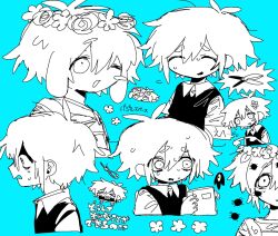  &gt;_&lt; 2boys animal_ears antenna_hair basil_(faraway)_(omori) basil_(headspace)_(omori) basil_(omori) blue_background blush_stickers book bug chibi closed_eyes crying crying_with_eyes_open double-parted_bangs dual_persona flower flower_wreath gardening_shears greyscale_with_colored_background hair_between_eyes hair_flower hair_ornament head_wreath highres holding holding_book kemonomimi_mode kobanzame_omo male_focus multiple_boys noose omori parted_lips rabbit_boy rabbit_ears short_hair short_sleeves sidelocks simple_background single_blush_sticker sketch something_(omori) spider sweater_vest tears translation_request 