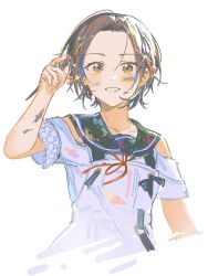  1girl brown_eyes brown_hair clenched_teeth cnsmsoup colors_of_pure_sense_(project_sekai) hand_up hashtag-only_commentary highres holding holding_paintbrush looking_at_viewer official_alternate_costume official_alternate_hairstyle paint_on_clothes paint_on_hands paintbrush project_sekai sailor_collar shinonome_ena shirt short_hair short_sleeves smile solo teeth white_background 