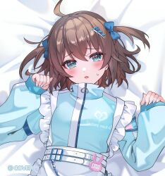  1girl absurdres ahoge apron aqua_eyes bed_sheet blue_jacket brown_hair commentary_request crossed_bangs double-parted_bangs frilled_apron frills hair_between_eyes highres hololive jacket jersey_maid long_sleeves looking_at_viewer lying maid natsuiro_matsuri noir_eku official_art on_back open_mouth solo unconventional_maid virtual_youtuber white_apron 