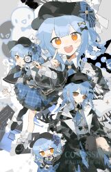  &gt;_o 1girl absurdres artist_request asymmetrical_legwear black_bag black_capelet black_hat black_pantyhose black_sclera black_shoes blue_hair blue_necktie blue_skirt braid braided_hair_rings capelet chibi chinese_commentary claws colored_extremities colored_sclera commentary_request commission deerstalker detective finger_to_cheek grey_background grey_vest hair_rings hat highres holding holding_magnifying_glass index_finger_raised long_sleeves looking_at_viewer magnifying_glass mahou_shoujo_no_majo_saiban miniskirt multiple_views necktie one_eye_closed open_mouth pantyhose pleated_skirt sample_watermark second-party_source shoes short_hair single_leg_pantyhose sitting skirt smile spoilers standing tachibana_sherry vest wariza watermark witch_(manosaba) yellow_eyes 