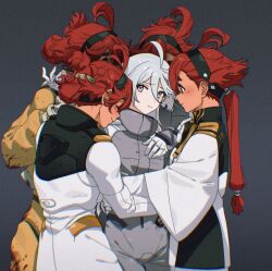  5girls asticassia_school_uniform baesong black_hairband blood blood_on_clothes clone_harem closed_eyes closed_mouth commentary_request film_grain gloves grey_background grey_eyes gundam gundam_suisei_no_majo hairband jacket korean_commentary long_hair looking_at_viewer miorine_rembran multiple_girls ponytail red_hair school_uniform smile spacesuit suletta_mercury thick_eyebrows white_gloves white_hair white_jacket yuri 
