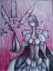  1girl arm_up armor braid cape check_commentary commentary commentary_request cross floating floating_object floating_weapon full_armor greatsword greyscale_with_colored_background hair_between_eyes hatching_(texture) herushiart highres hollow_eyes huge_weapon izayoi_sakuya knight limited_palette long_neck maid_headdress roman_numeral signature solo spanish_commentary sword touhou touhou_igyoukyo traditional_media twin_braids variant_sakuya weapon 