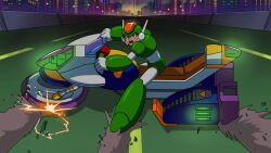  1boy akira_(manga) akira_slide android armor cityscape forehead_jewel gloves green_armor green_biker_dude_(mega_man) green_helmet helmet highway jewelry looking_at_viewer mega_man_(series) mega_man_x2 mega_man_x_(series) motor_vehicle motorcycle on_motorcycle open_mouth riding robot robot_ears solo sprinqgueen teeth upper_teeth_only white_gloves 