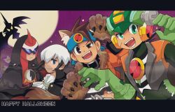  4boys black_hair brown_eyes brown_hair egao_nina6 eugene_chaud_(mega_man) green_eyes green_helmet group_picture halloween helmet highres lan_hikari_(mega_man) male_focus mega_man_(series) mega_man_battle_network_(series) megaman.exe multicolored_hair multiple_boys night protoman.exe red_helmet two-tone_hair white_hair 