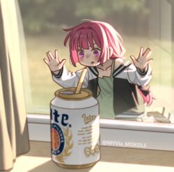 1girl against_window artist_name backlighting beer_can blunt_bangs blurry blurry_background blush bocchi_the_rock! can curtains day dress drink_can drinking_straw english_commentary green_dress hiroi_kikuri jacket kneeling long_hair lowres mini_person minigirl myvia_mokols open_clothes open_jacket open_mouth purple_hair saliva shadow sidelocks solo violet_eyes windowsill 
