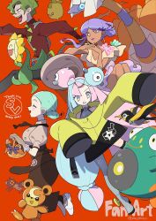  1boy 3girls ^_^ apron ascot basket bear bellibolt bird blue_hair bow-shaped_hair brassius_(pokemon) breasts brown_apron brown_ascot brown_skirt bug character_hair_ornament chef_hat closed_eyes collared_shirt criss-cross_halter dark-skinned_female dark_skin dress english_text espathra eyeshadow full_body gloves green_hair grey_pantyhose grin hair_bun hair_ornament halterneck hat hexagon_print highres holding holding_basket interlocked_fingers iono_(pokemon) jacket katy_(pokemon) lipstick long_hair long_sleeves low_side_ponytail makeup mizutani_megumi mole mole_on_cheek multicolored_hair multiple_girls no_eyebrows nymble open_mouth orange_background own_hands_together pantyhose pink_hair pink_lips plant_monster pokemon pokemon_(creature) pokemon_sv puffy_short_sleeves puffy_sleeves purple_dress purple_hair red_shirt sharp_teeth shirt short_dress short_hair short_hair_with_long_locks short_sleeves single_leg_pantyhose skirt smile smoliv spider_web_print split-color_hair sunflora teddiursa teeth thank_you tongue tulip_(pokemon) two-tone_hair underbust unworn_hat unworn_headwear upper_teeth_only very_long_hair vine_belt waist_apron wattrel yellow_jacket 