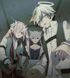  3boys :o :p adnachiel_(arknights) animal_ears ansel_(arknights) arknights bandage_over_one_eye bandaged_hand bandages black_choker black_eyes black_nails black_streaks bright_pupils cat_boy cat_ears choker colored_tips cowboy_shot crossdressing crossdressing_(mtf) crossed_bangs halloween_costume halo high_collar highres jiangshi_costume looking_at_viewer lop_rabbit_ears maid male_focus male_maid multicolored_hair multiple_boys necktie no_pupils odjikasu pink_eyes pink_hair rabbit_boy rabbit_ears red_necktie shirt sleeves_past_wrists steward_(arknights) sweat tongue tongue_out undone_necktie white_hair white_pupils white_shirt yellow_eyes yellow_halo 