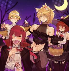  absurdres alternate_muscle_size animal_hands baobhan_sith_(fate) blush candy cat_girl deccatezu fate/grand_order fate_(series) food fujimaru_ritsuka_(female) gareth_(fate) halloween halloween_bucket halloween_costume hat highres mordred_(fate) mummy_costume muscular vampire_costume witch_hat 