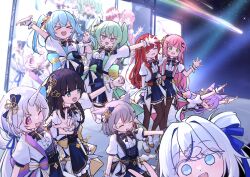  &gt;_&lt; 6+girls absurdres akane_lize animal_ear_fluff animal_ears aokumo_rin arahashi_tabi arm_around_neck arms_up ayatsuno_yuni black_hair black_thighhighs blue_bow blue_bowtie blue_eyes blue_hair blue_skirt blunt_bangs bow bowtie braid center-flap_bangs center_frills clenched_hand closed_eyes colored_lapels commentary double-parted_bangs electromocha english_commentary everyone falling fang forehead frilled_shirt frilled_wristband frills green_eyes green_hair grey_hair hair_bow hair_horns hair_ornament hairclip hanako_nana hand_up heart heart_hair_ornament highres jacket jitome jumping lapels long_hair looking_at_viewer low-tied_long_hair meteor miniskirt multicolored_bow multicolored_hair multiple_girls neneko_mashiro night night_sky open_clothes open_jacket open_mouth outdoors outstretched_arm outstretched_arms parallel_hairclips parted_bangs parted_lips petticoat pink_hair purple_hair red_hair screen shirayuki_hina shirt short_hair skirt sky smile spread_arms standing star-shaped_pupils star_(sky) star_(symbol) starry_sky stellive streaked_hair symbol-shaped_pupils tenko_shibuki thigh-highs thigh_strap unicorn_horn v-shaped_eyebrows very_long_hair violet_eyes virtual_youtuber w white_hair white_jacket white_shirt x_hair_ornament yuzuha_riko 