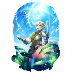  1boy :d armor armored_bridal_gauntlets artist_request blonde_hair blue_sky bow_(weapon) bow_on_back bridal_gauntlets brown_bridal_gauntlets brown_tunic bug butterfly cape clouds cloudy_sky collared_tunic cowboy_shot dew_drop forehead full_body game_cg glint green_cape green_eyes hand_up high_collar holding holding_umbrella kawasumi_itsuki leaf legendary_bow_(small_bow)_(tate_no_yuusha_no_nariagari) legendary_bow_(tate_no_yuusha_no_nariagari) light_smile long_sleeves looking_at_animal looking_up male_focus messy_hair muneate official_art open_mouth outdoors parted_bangs pauldrons pink_umbrella shirt short_hair shoulder_armor sidelocks simple_background single_pauldron sky sleeveless_tunic smile solo sparkle standing tachi-e tate_no_yuusha_no_nariagari tate_no_yuusha_no_nariagari_rerise teeth tongue transparent_background tunic turtleneck_tunic umbrella upper_teeth_only v-shaped_eyebrows water_drop weapon white_shirt 