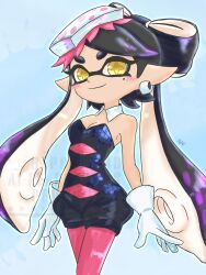  1girl bare_shoulders black_hair black_jumpsuit blue_background blush bow-shaped_hair breasts callie_(splatoon) closed_mouth collar commentary_request cowboy_shot cross-shaped_pupils detached_collar earrings gloves highres inkling jewelry jumpsuit long_hair looking_at_viewer mole mole_under_eye multicolored_hair pantyhose pink_pantyhose pointy_ears purple_hair short_jumpsuit small_breasts smile solo splatoon_(series) symbol-shaped_pupils tentacle_hair twintails very_long_hair watermark white_collar white_gloves yellow_eyes z8229z 