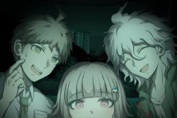  1girl 2boys ^_^ ahoge brown_eyes brown_hair closed_eyes crossover danganronpa_(series) danganronpa_2:_goodbye_despair english_commentary game_screenshot_background green_hoodie green_necktie hair_ornament hairclip halloween highres hinata_hajime hood hoodie in-universe_location kmnm_1403 komaeda_nagito looking_at_viewer multiple_boys nanami_chiaki necktie no_i&#039;m_not_a_human pink_eyes pov pov_peephole scratching_cheek screenshot_background smile sweatdrop white_hair wooden_porch 