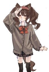  1girl ahoge alternate_costume angelina_(arknights) animal_ears arknights black_skirt black_thighhighs bow bowtie bright_pupils brown_hair brown_shirt buttons casual commentary_request fox_ears fox_girl fox_tail hairband highres long_hair long_sleeves looking_at_viewer marin_(jaguchi38) material_growth miniskirt open_mouth orange_eyes originium_(arknights) over-kneehighs plaid_clothes plaid_skirt pleated_skirt red_bow red_hairband shirt simple_background skirt solo striped_clothes striped_hairband tail thigh-highs twintails two-tone_hairband white_background white_pupils zettai_ryouiki 