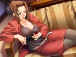  1girl asao_sara belt breasts brown_hair cleavage couch crossed_legs drunk dutch_angle from_above game_cg hair_up ino large_breasts legs legs_crossed lipstick nail_polish pantyhose red_eyes sitting skirt solo wine 
