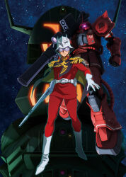  1boy bazooka_(gundam) belt blonde_hair boots cable char_aznable combat_helmet epaulettes eye_mask gloves gun gundam helmet highres kotobuki_tsukasa machinery mask mecha military_rank_insignia military_uniform mobile_suit mobile_suit_gundam mobile_suit_gundam_the_origin musai nebula official_art one-eyed radio_antenna retro_artstyle robot roundel scan science_fiction shield shoulder_spikes space spacecraft spikes star_(sky) sword weapon white_boots white_gloves window zaku_ii_s_char_custom zeon 