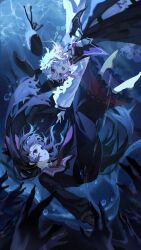  2girls absurdres air_bubble black_hair black_shirt black_skirt bubble chinese_commentary commentary_request full_body hat highres long_hair long_sleeves looking_at_another mahou_shoujo_no_majo_saiban multiple_girls neck_ribbon nikaido_hiro open_mouth reaching reaching_towards_another red_eyes ribbon sakuraba_ema shirt short_hair skirt submerged swimming underwater unworn_hat unworn_headwear water white_hair white_ribbon xiao_xiao_xiaoye_lu 